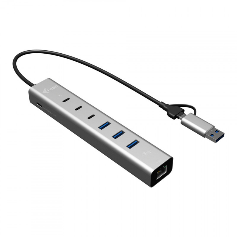 i-tec CAHUBMETAL6LANPD USB-C/USB-A metal hub, 6 ports, Gigabit LAN, Power Delivery 85 W, silver