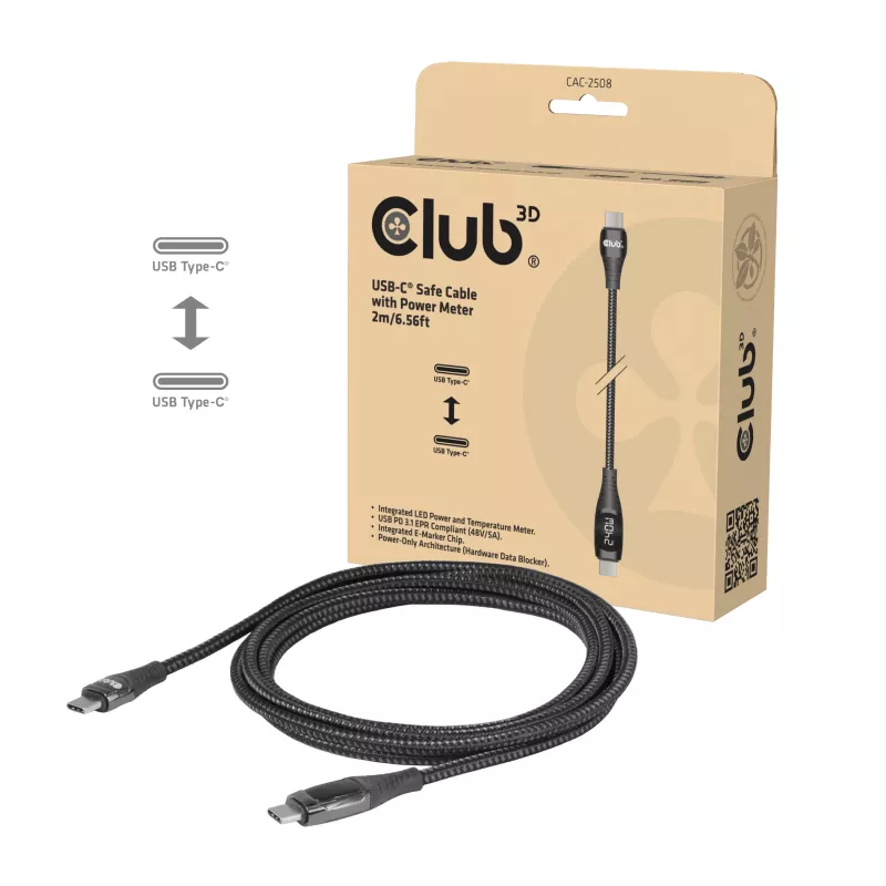 Club 3D CAC-2508 USB-C safety charging cable, 240 W, with charge display, male/male, 2 m