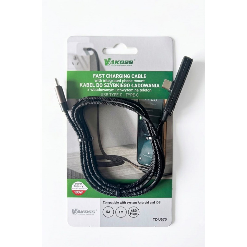 Vakoss TC-U570 USB-C to USB-C cable with stand function, 100 W, 1 m, black