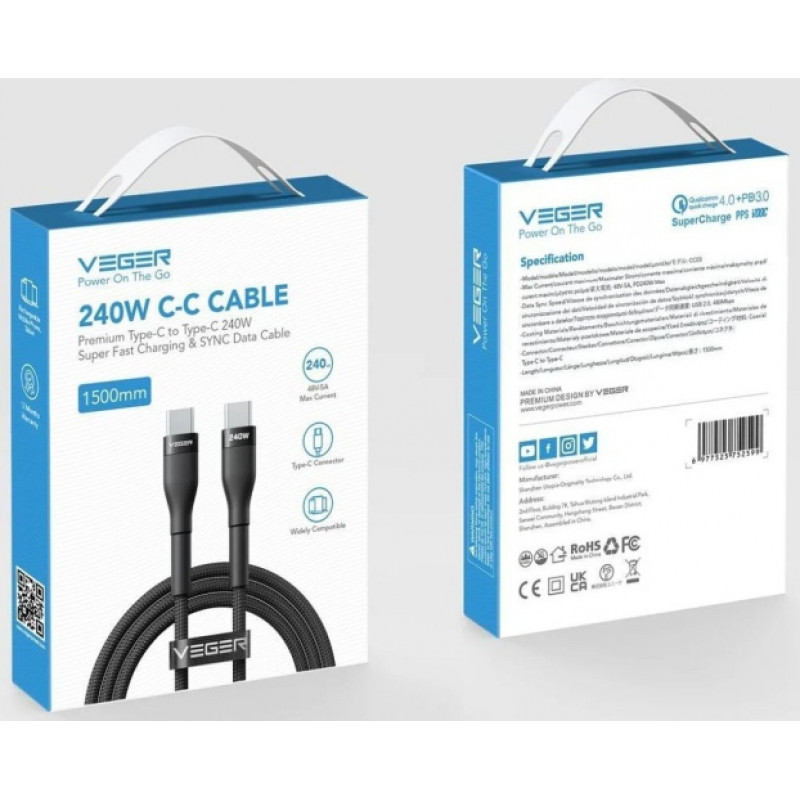Veger CC03 USB-C to USB-C cable, PD 48V 5A 240W, 1.5 m, black