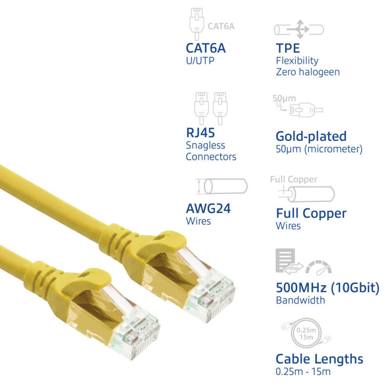ACT FC1810 U/UTP CAT6A TPE ultra-flex patch cable with RJ45 connectors, snagless, 10 m, yellow