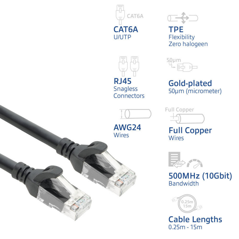 ACT FC1915 U/UTP CAT6A TPE ultra-flex patch cable with RJ45 connectors, snagless, 15 m, black