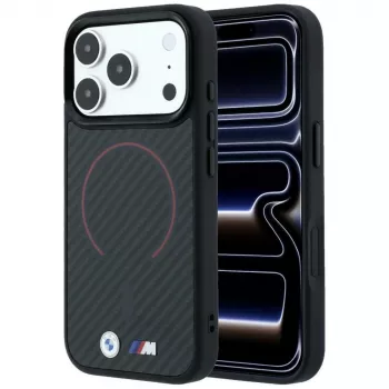 BMW M Kevlar Red Print Ring Metal Logo MagSafe case for iPhone 18 Pro Max / 17 Pro Max, black