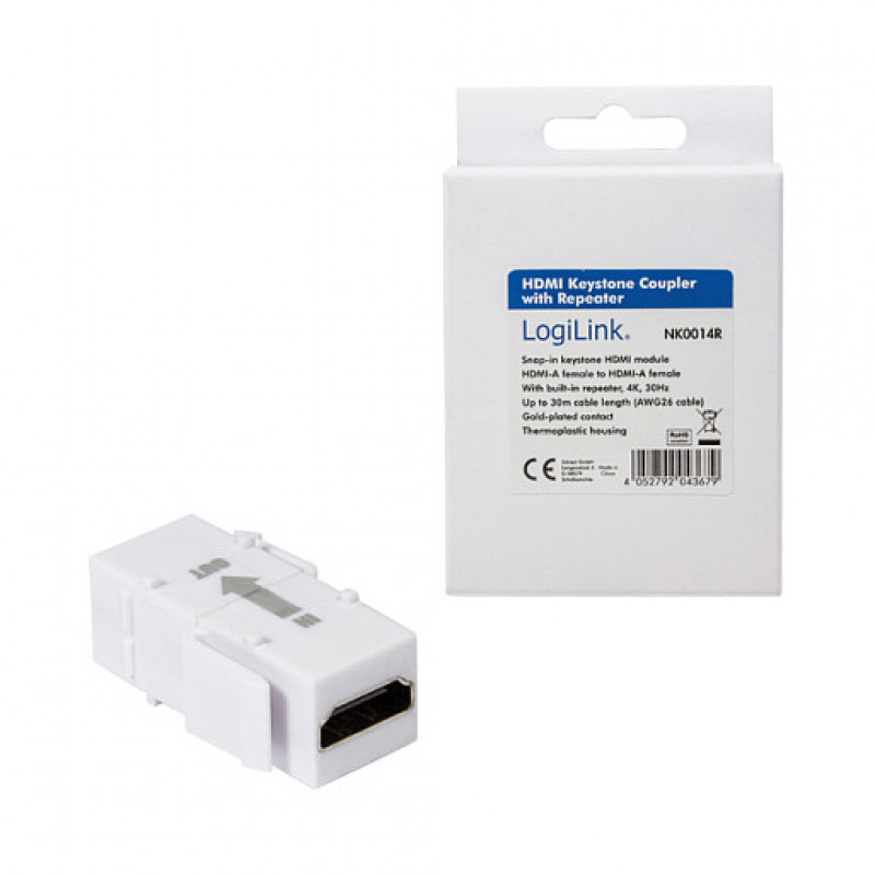LogiLink NK0014R HDMI keystone coupler A/F to HDMI A/F, 4K/30 Hz, repeater, white
