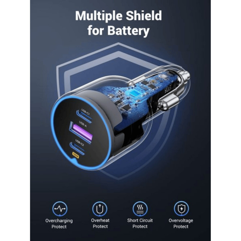 Ugreen EC705 car charger, USB + 2x USB-C, 130 W, with 1 m 5 A cable