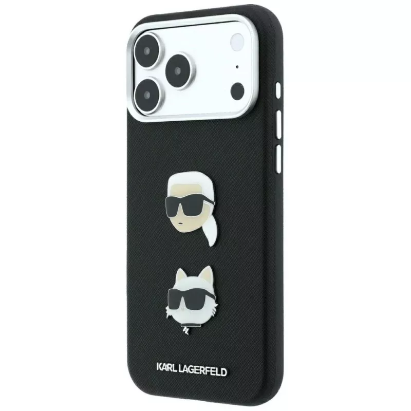 Karl Lagerfeld KF003250 case for iPhone 18 Pro Max / 17 Pro Max, Saffiano with Karl & Choupette Heads Pins & Logo, black