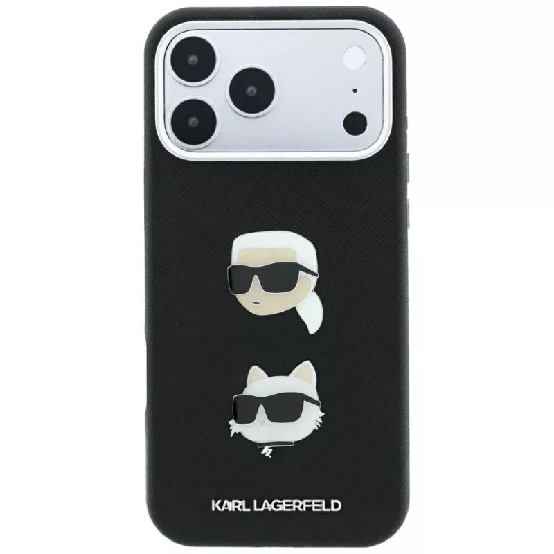 Karl Lagerfeld KF003250 case for iPhone 18 Pro Max / 17 Pro Max, Saffiano with Karl & Choupette Heads Pins & Logo, black