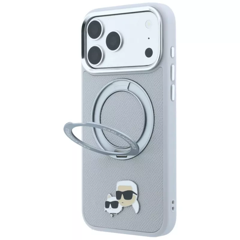 Karl Lagerfeld KF003229 case with 360 ring stand Karl & Choupette Heads Pin MagSafe for iPhone 18 Pro / 17 Pro, grey