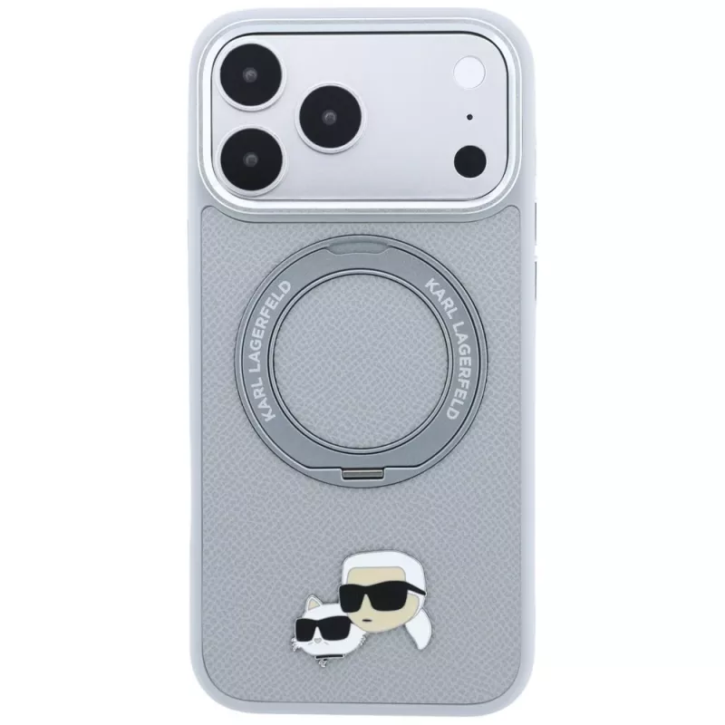 Karl Lagerfeld KF003229 case with 360 ring stand Karl & Choupette Heads Pin MagSafe for iPhone 18 Pro / 17 Pro, grey