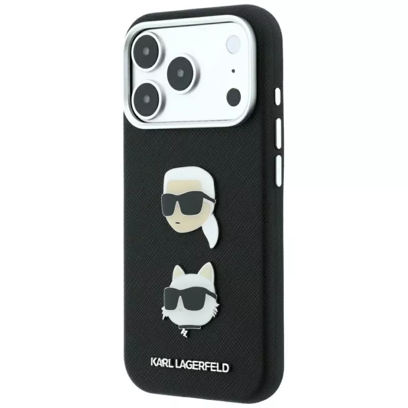 Karl Lagerfeld KF003249 Saffiano with Karl & Choupette Heads Pins & Logo case for iPhone 18 Pro / 17 Pro, black