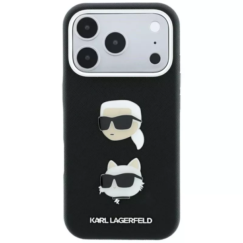 Karl Lagerfeld KF003249 Saffiano with Karl & Choupette Heads Pins & Logo case for iPhone 18 Pro / 17 Pro, black