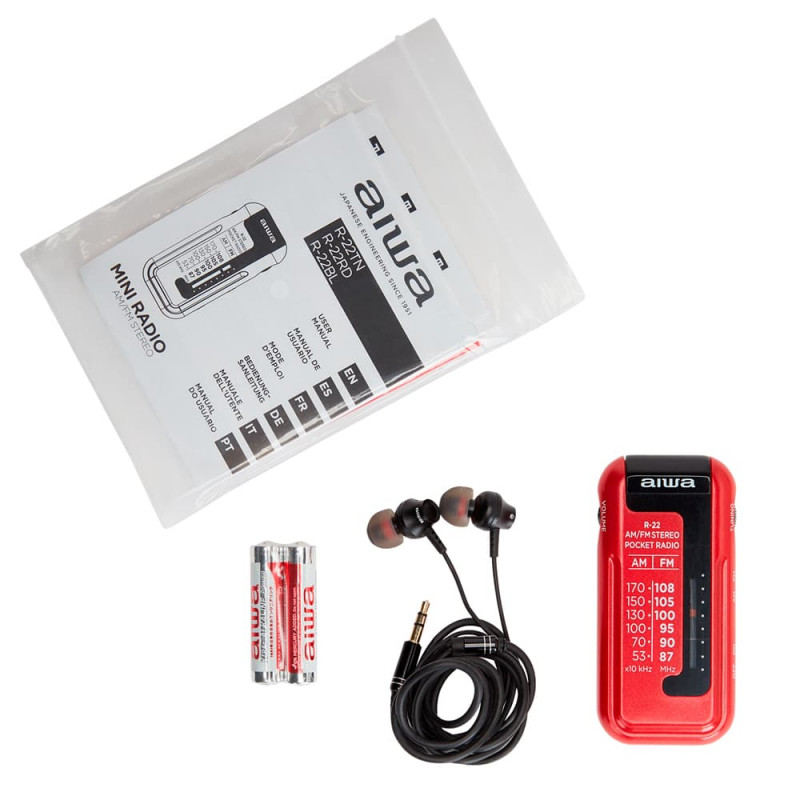 AIWA R-22RD pocket radio with headphones, red