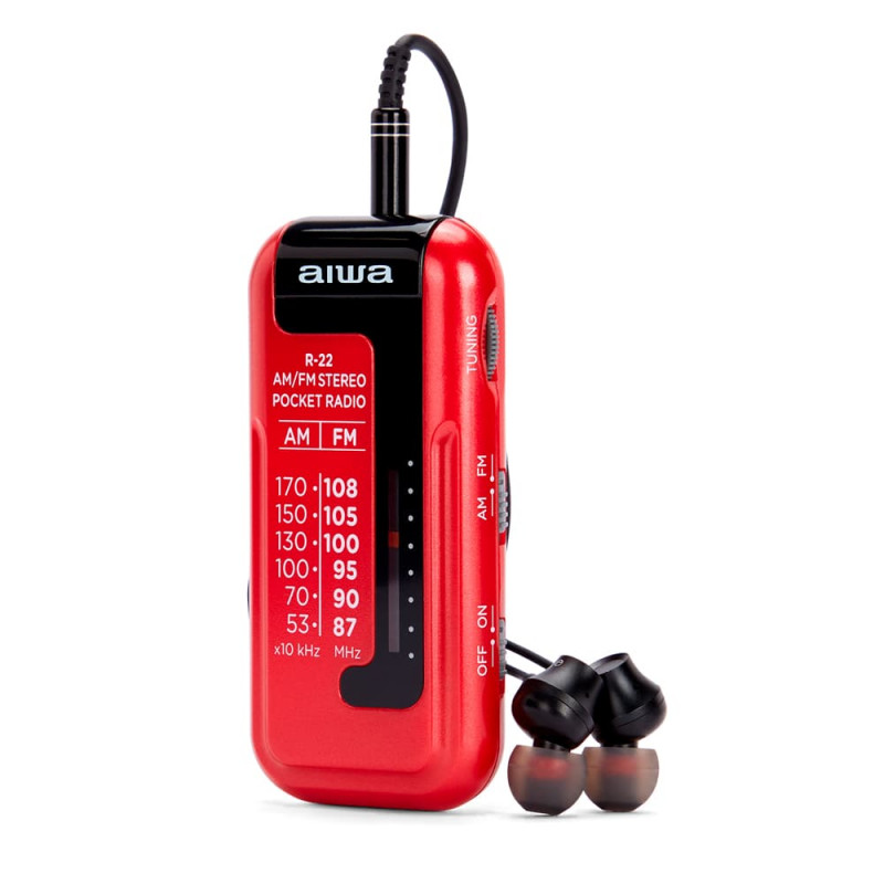 AIWA R-22RD pocket radio with headphones, red