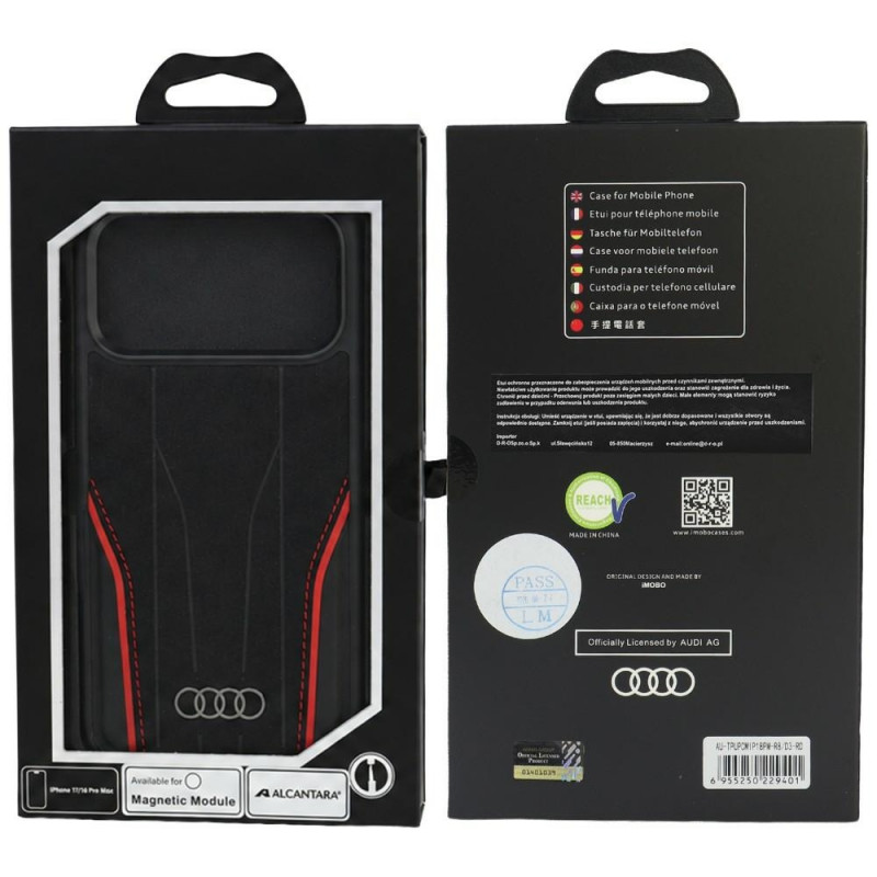 Audi R8 Genuine Leather MagSafe case for iPhone 18 Pro Max / 17 Pro Max, black and red (AUDI000240)