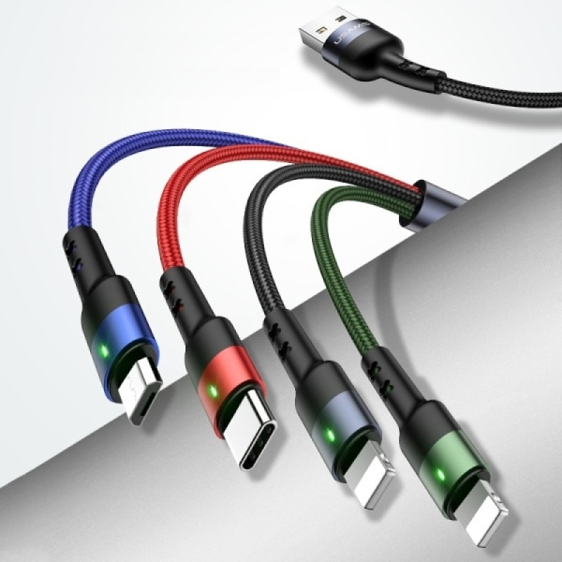 USAMS U26 SJ413USB01 (US-SJ413) 4-in-1 braided nylon cable, 3 m, 2 A (2x Lightning/microUSB/USB-C)