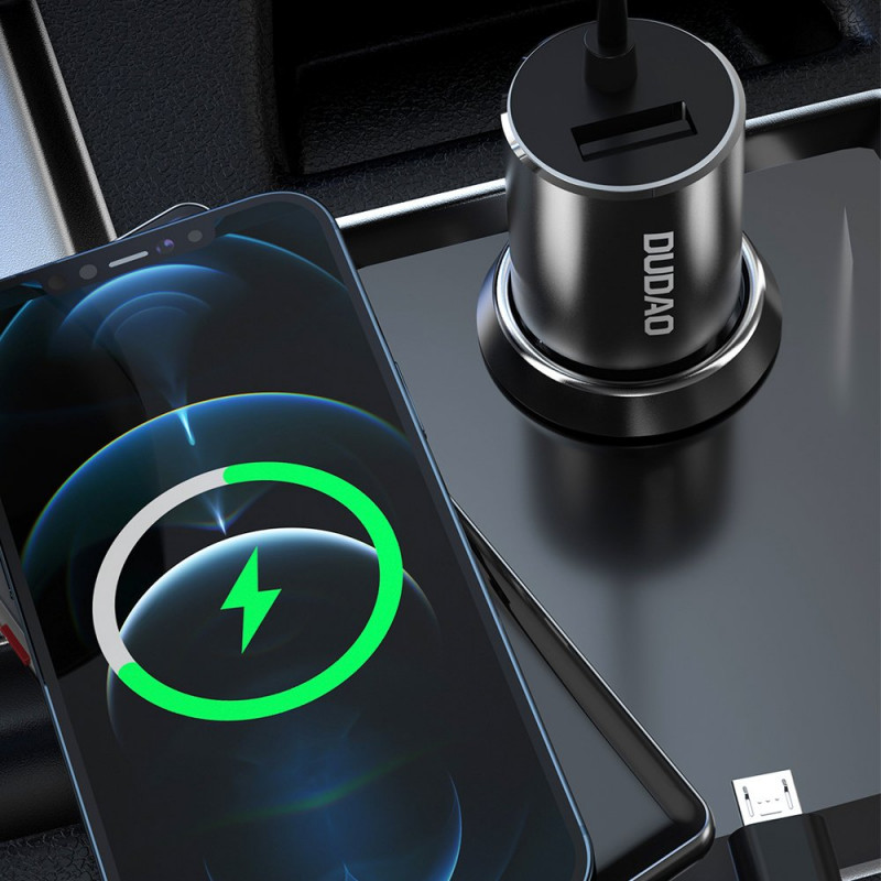 Dudao R5ProN car charger with built-in 3-in-1 cable (Lightning / USB-C / micro USB), 3.4 A, 1 m, black