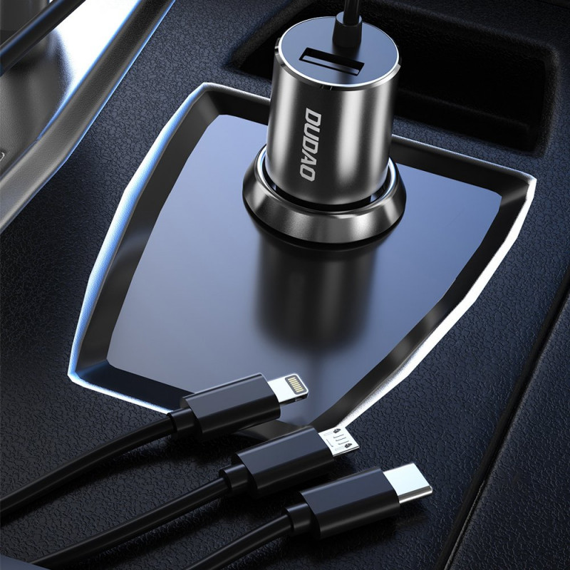 Dudao R5ProN car charger with built-in 3-in-1 cable (Lightning / USB-C / micro USB), 3.4 A, 1 m, black