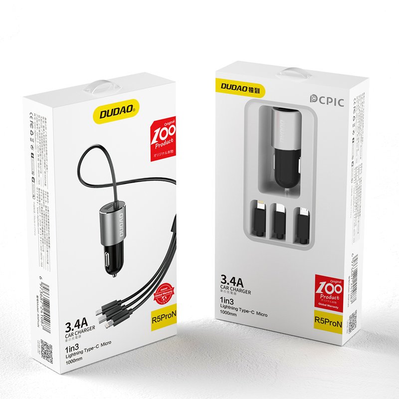 Dudao R5ProN car charger with built-in 3-in-1 cable (Lightning / USB-C / micro USB), 3.4 A, 1 m, black