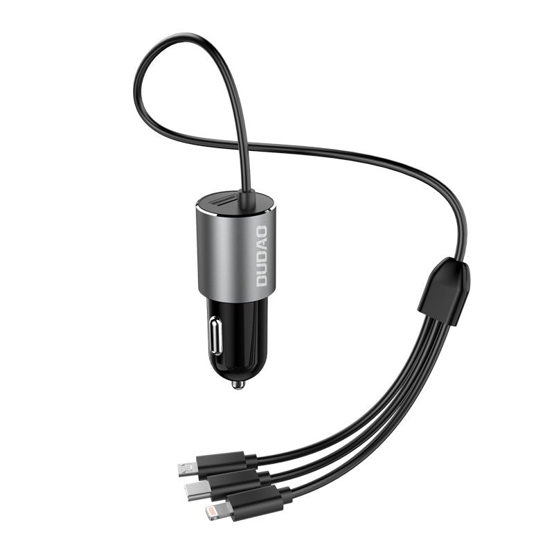 Dudao R5ProN car charger with built-in 3-in-1 cable (Lightning / USB-C / micro USB), 3.4 A, 1 m, black
