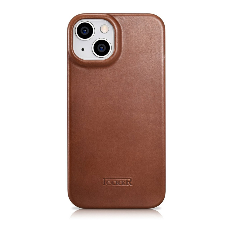 iCarer CE Oil Wax Premium Leather Folio Case for iPhone 14 Plus, magnetic flip, MagSafe, brown (AKI14220707-BN)
