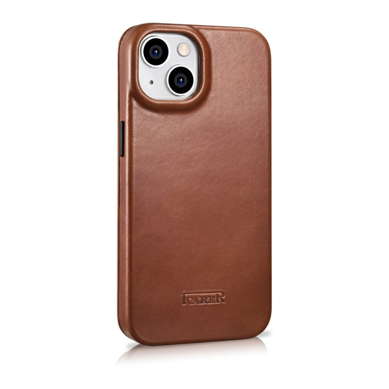 iCarer CE Oil Wax Premium Leather Folio Case for iPhone 14 Plus, magnetic flip, MagSafe, brown (AKI14220707-BN)
