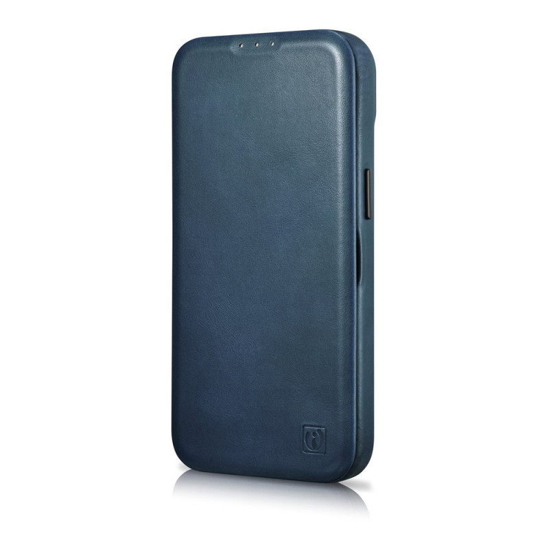 iCarer CE Oil Wax Premium Leather Folio Case for iPhone 14 Plus, magnetic flip, MagSafe, blue (AKI14220707-BU)