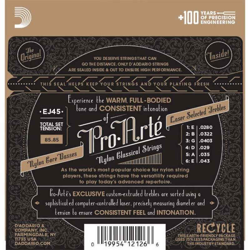 D'Addario EJ45 Pro-Arté nylon classical guitar strings, normal tension, 28-43