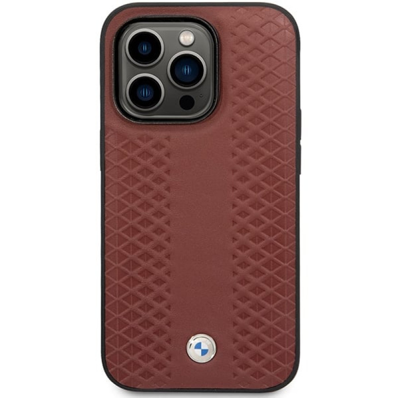 BMW BMHCP14L22RFGR Leather Diamond Pattern hardcase for iPhone 14 Pro 6.1", burgundy