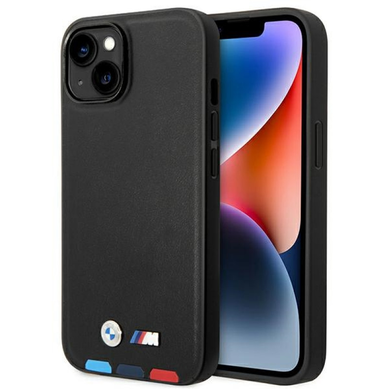BMW BMHCP14M22PTDK case for iPhone 14 Plus, black, Leather Stamp Tricolor