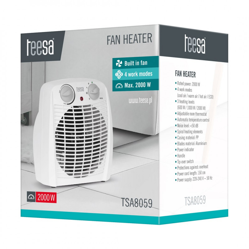 Teesa TSA8059 fan heater, 0.8/1.2/2 kW, white