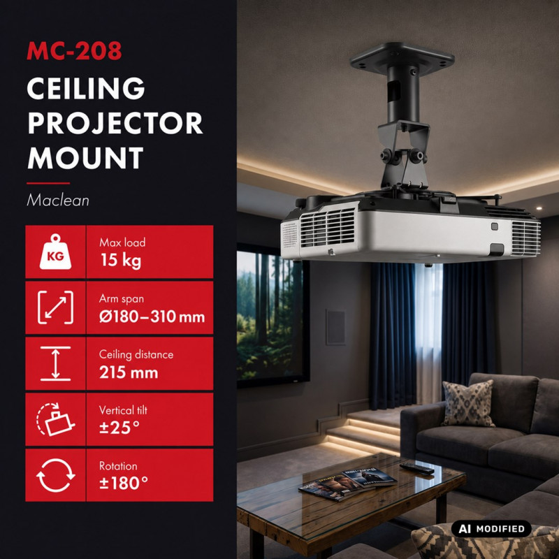 Maclean MC-208 B ceiling mount for projectors, steel, 180–310 mm, up to 15 kg, black