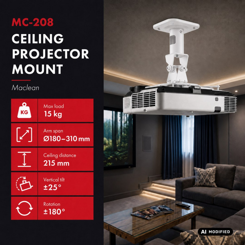 Maclean MC-208 W ceiling mount for projectors, steel, 180–310 mm, up to 15 kg, white