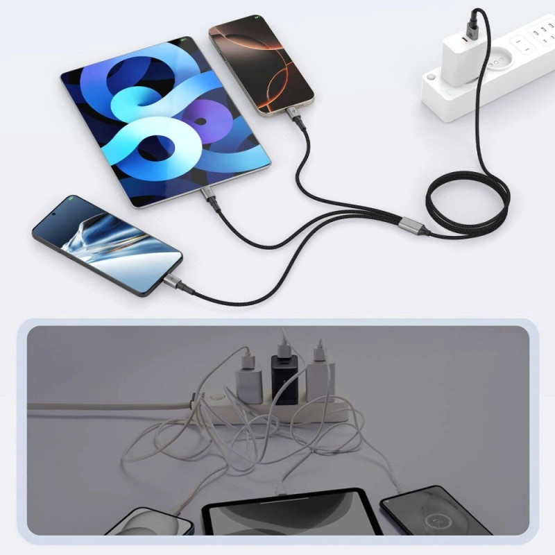 Tech-Protect UltraBoost DNA 3-in-1 cable USB-A to Lightning / USB-C / Micro-USB, 3 A, 120 cm, iron grey