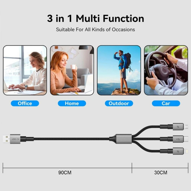Tech-Protect UltraBoost DNA 3-in-1 cable USB-A to Lightning / USB-C / Micro-USB, 3 A, 120 cm, iron grey