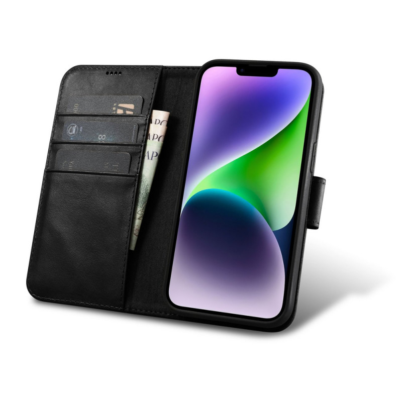 iCarer Oil Wax Wallet Case 2in1 leather flip case for iPhone 14 Plus, Anti-RFID, black (WMI14220723-BK)