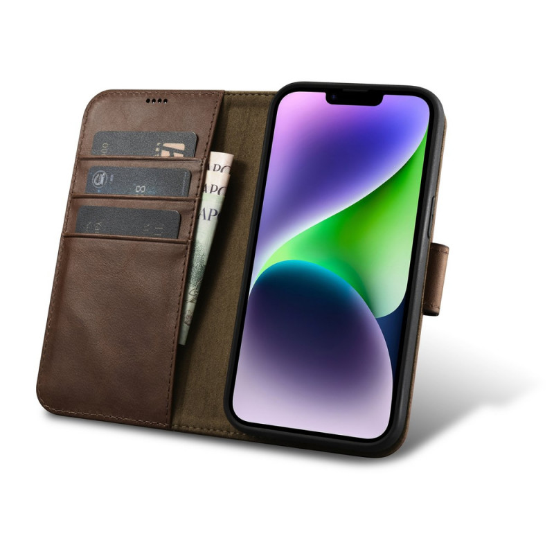 iCarer Oil Wax Wallet Case 2in1 leather flip case for iPhone 14 Plus, Anti-RFID, brown (WMI14220723-BN)