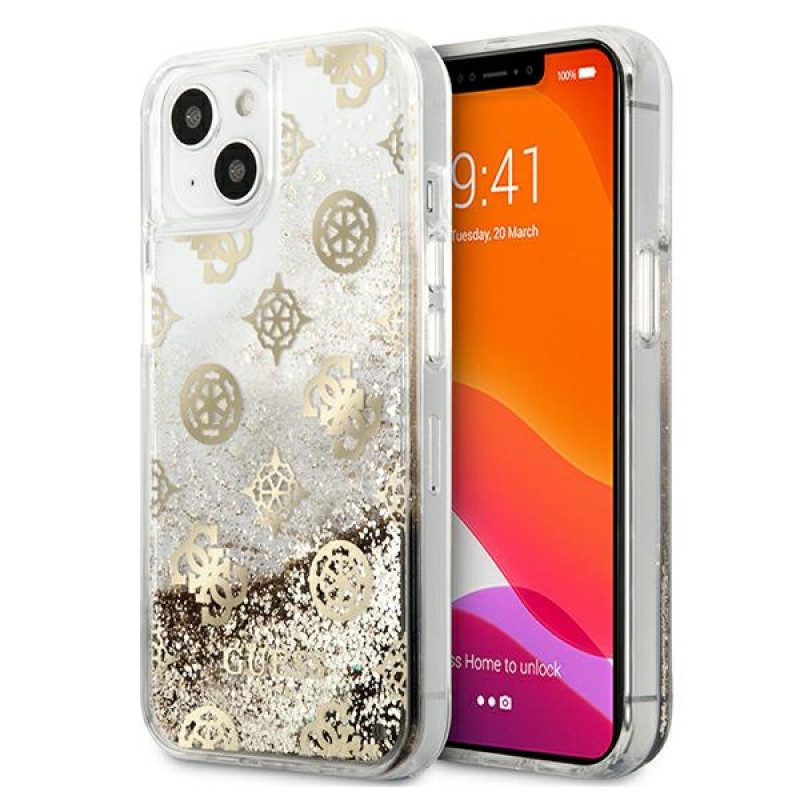 Guess GUHCP13SLGPEGO Apple iPhone 13 mini hardcase Peony Liquid Glitter, Gold