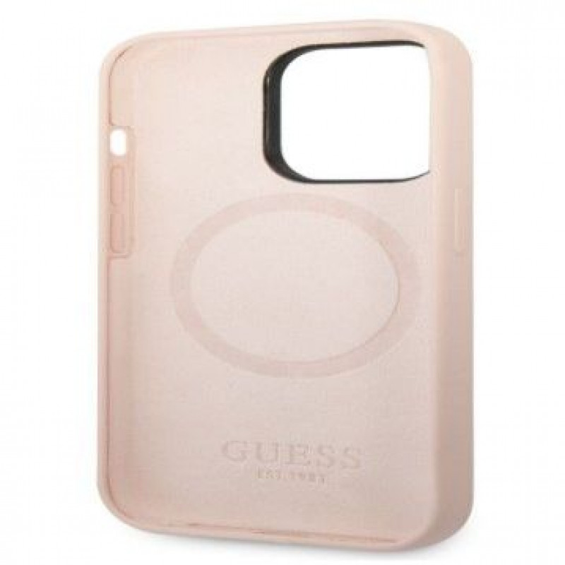 Guess Silicone Metal Logo MagSafe Compatible Case for Apple iPhone 14 Pro, Pink