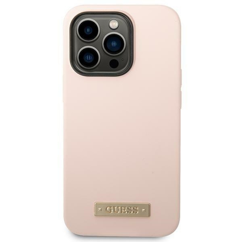 Guess Silicone Metal Logo MagSafe Compatible Case for Apple iPhone 14 Pro, Pink