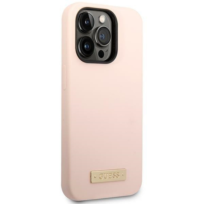 Guess Silicone Metal Logo MagSafe Compatible Case for Apple iPhone 14 Pro, Pink