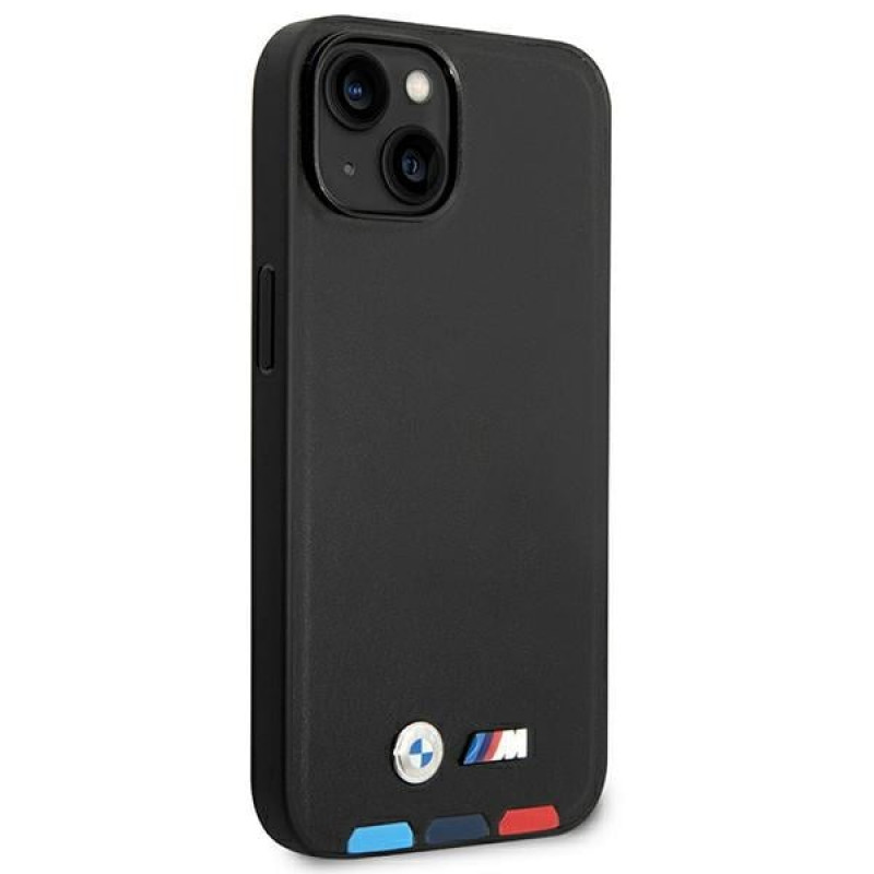 BMW BMHMP14M22PTDK Apple iPhone 14 Plus / 15 Plus case, Leather Stamp Tricolor MagSafe, black