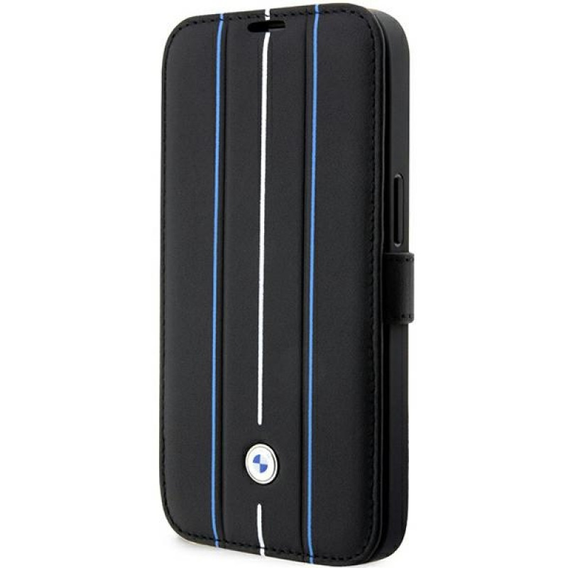 BMW BMBKP14L22RVSK Leather Stamp Blue Lines bookcase for Apple iPhone 14 Pro 6.1", black