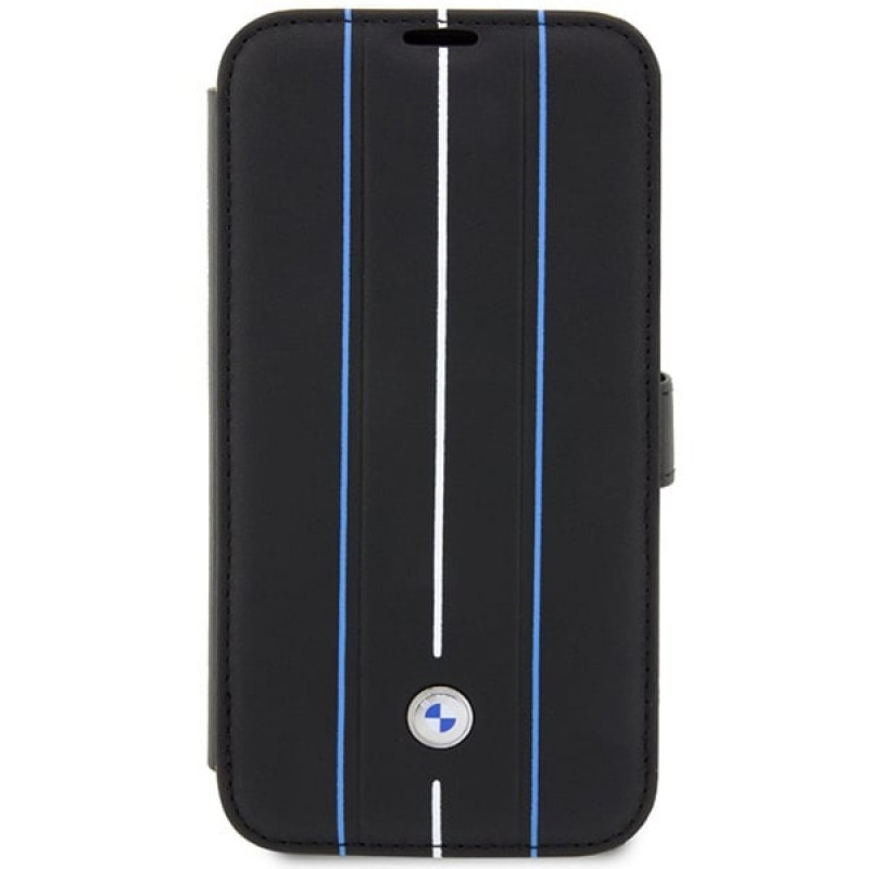 BMW BMBKP14L22RVSK Leather Stamp Blue Lines bookcase for Apple iPhone 14 Pro 6.1", black