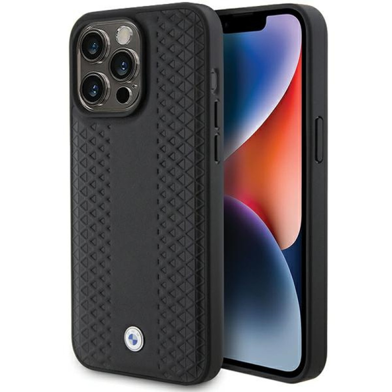 BMW BMHCP15X22RFGK Leather Diamond Pattern Case for Apple iPhone 15 Pro Max, black