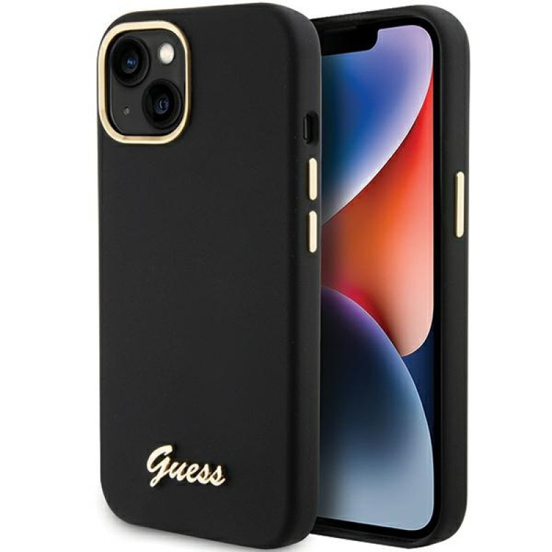 Guess GUHCP15SSMBSLK Silicone Script Metal Logo & Frame Hardcase for Apple iPhone 15 / 14 / 13, black