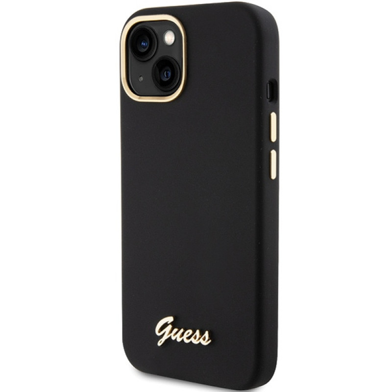 Guess GUHCP15SSMBSLK Silicone Script Metal Logo & Frame Hardcase for Apple iPhone 15 / 14 / 13, black