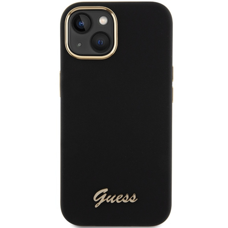 Guess GUHCP15SSMBSLK Silicone Script Metal Logo & Frame Hardcase for Apple iPhone 15 / 14 / 13, black