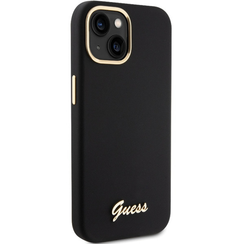 Guess GUHCP15SSMBSLK Silicone Script Metal Logo & Frame Hardcase for Apple iPhone 15 / 14 / 13, black
