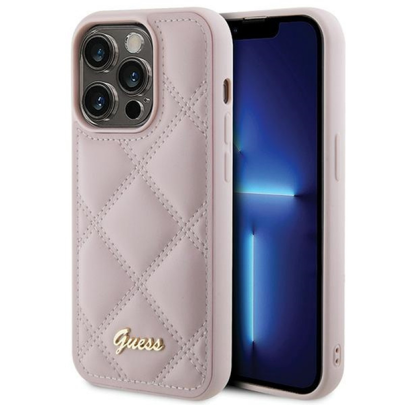 Guess GUHCP15LPSQSQSP Quilted Metal Logo Hardcase for Apple iPhone 15 Pro, pink