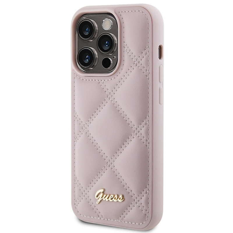Guess GUHCP15LPSQSQSP Quilted Metal Logo Hardcase for Apple iPhone 15 Pro, pink